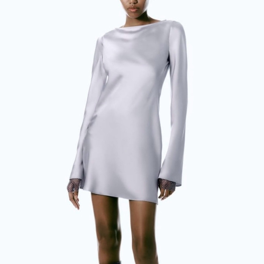 Zara satin silver long sleeve mini dress